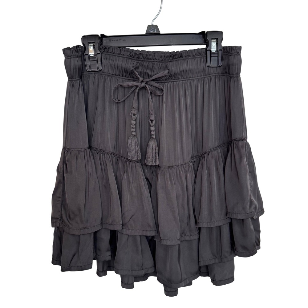 Boho Tiered Ruffle Mini Skirt Gray Viscose Aerie Tassel Smocked Size S Women